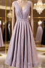 A Line V Neck Tea Length Formal Prom Dresses, Shiny Tea Length Formal Evening Dresses
