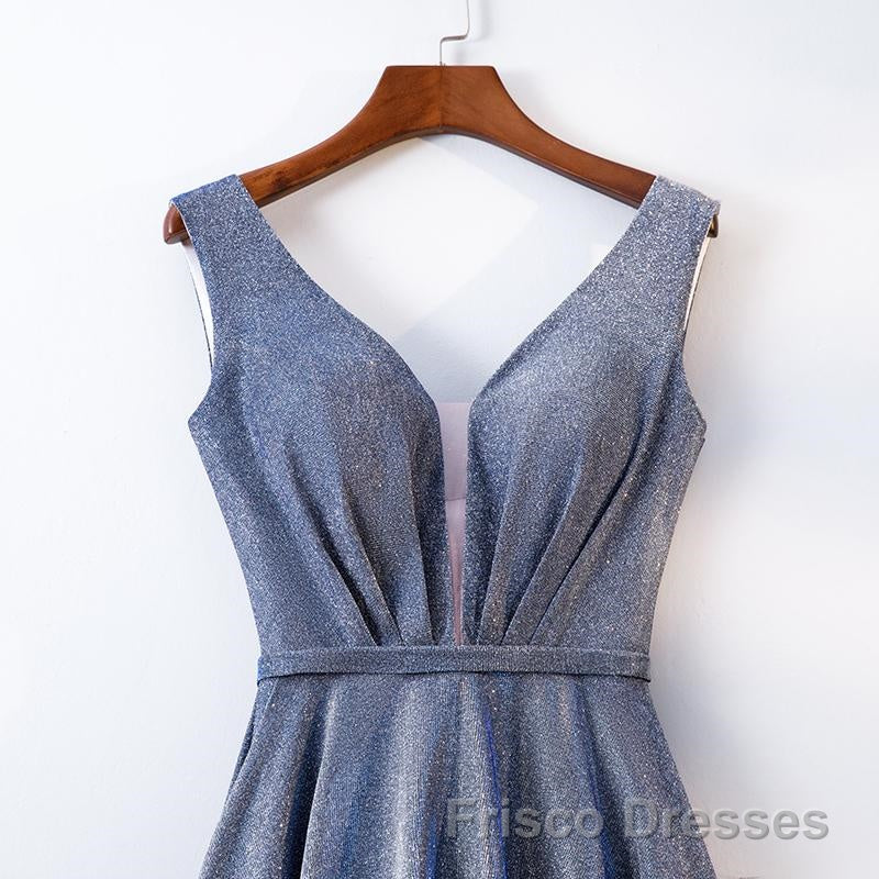 A Line V Neck Tea Length Formal Prom Dresses, Shiny Tea Length Formal Evening Dresses