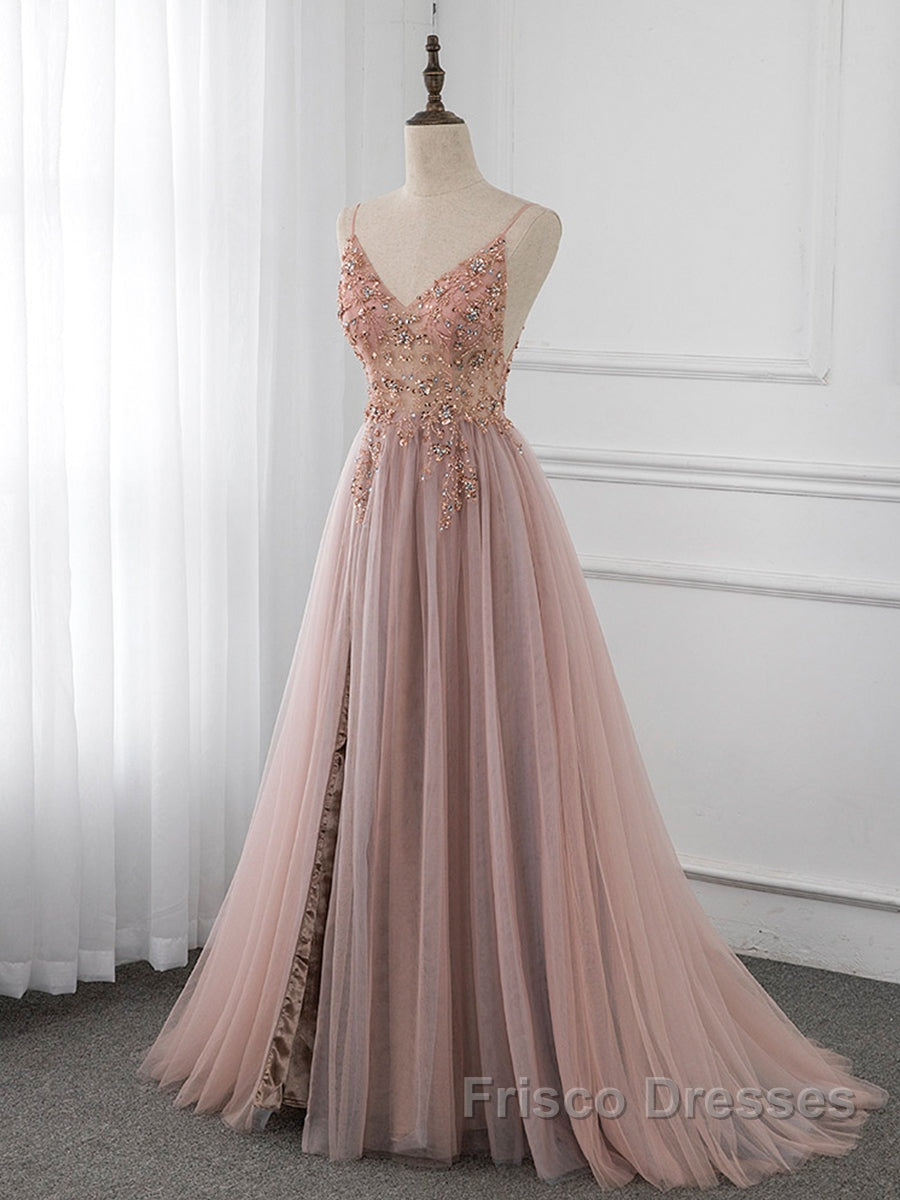 A-Line V Neck Tulle Beading Pink Long Formal Prom Dress. Pink Formal Dress Secondary image