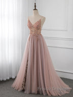A-Line V Neck Tulle Beading Pink Long Formal Prom Dress. Pink Formal Dress