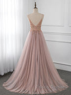 A-Line V Neck Tulle Beading Pink Long Formal Prom Dress. Pink Formal Dress