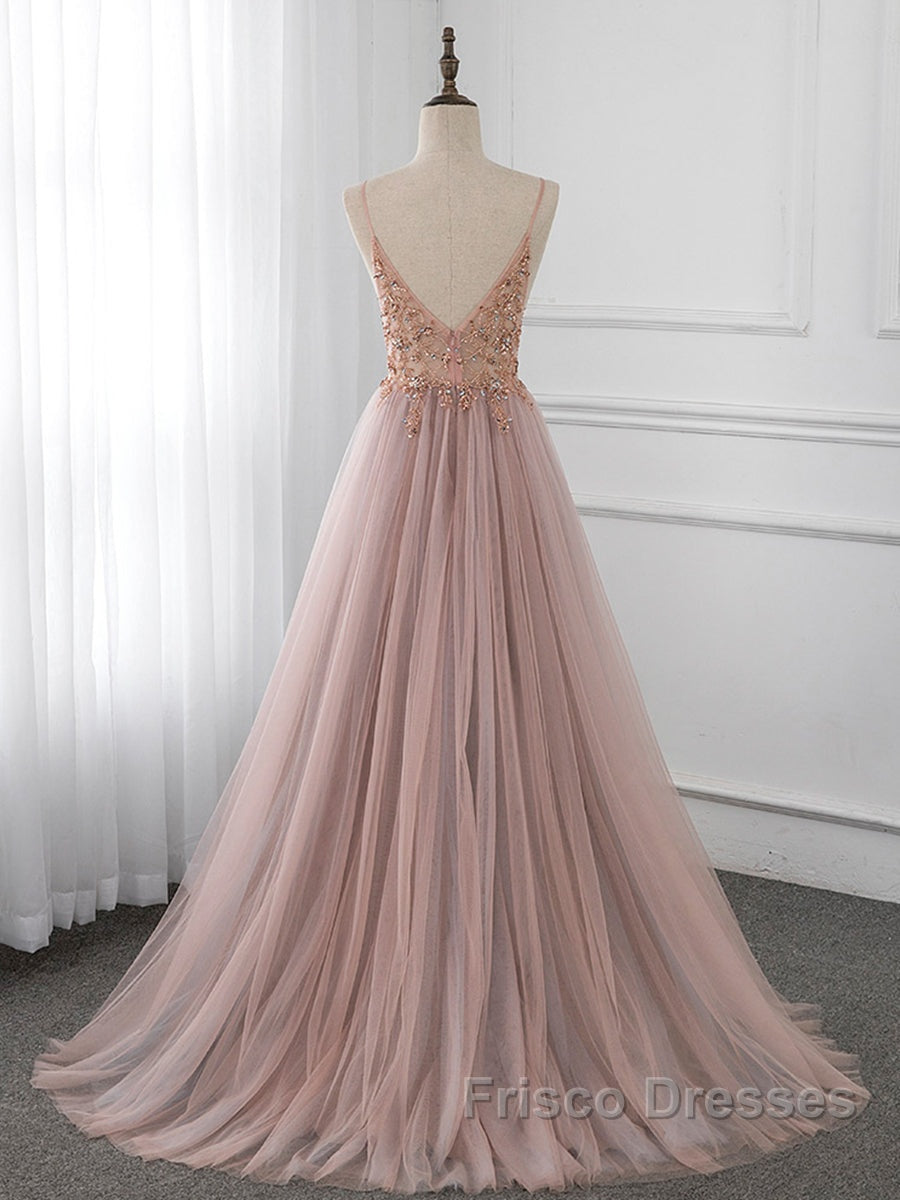 A-Line V Neck Tulle Beading Pink Long Formal Prom Dress. Pink Formal Dress