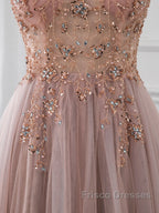 A-Line V Neck Tulle Beading Pink Long Formal Prom Dress. Pink Formal Dress