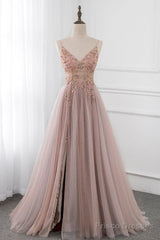 A-Line V Neck Tulle Beading Pink Long Prom Dress. Pink Formal Dress