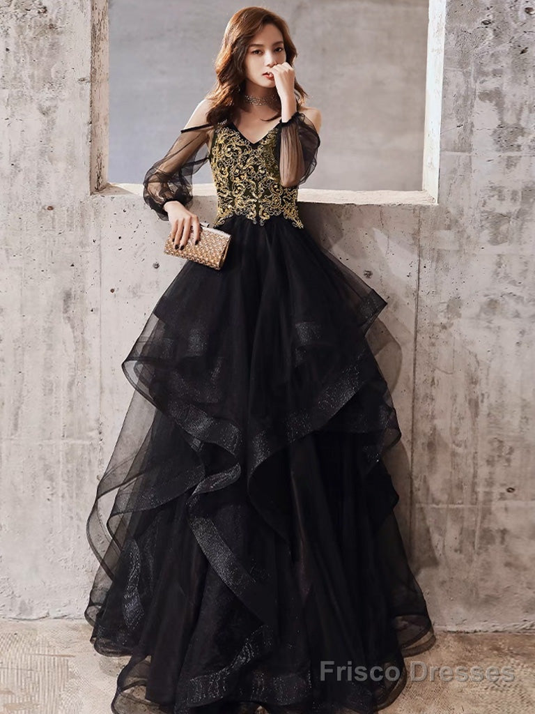 A-Line V Neck Tulle Beads Black Long Prom Dress, Black Long Formal Dress