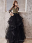 A-Line V Neck Tulle Beads Black Long Prom Dress, Black Long Formal Dress