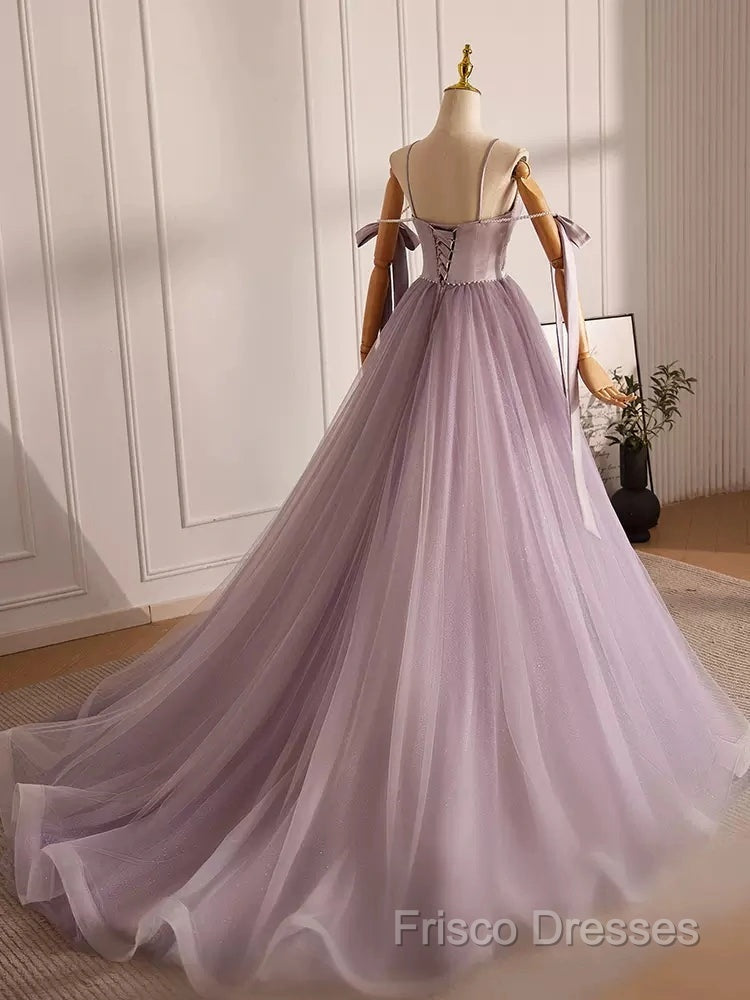 A-Line V Neck Tulle Beads Purple Long Formal Prom Dress, Purple Long Formal Dress Secondary image