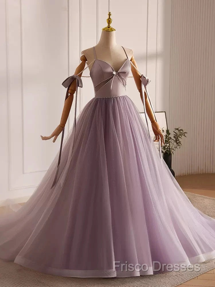 A-Line V Neck Tulle Beads Purple Long Formal Prom Dress, Purple Long Formal Dress