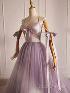 A-Line V Neck Tulle Beads Purple Long Formal Prom Dress, Purple Long Formal Dress