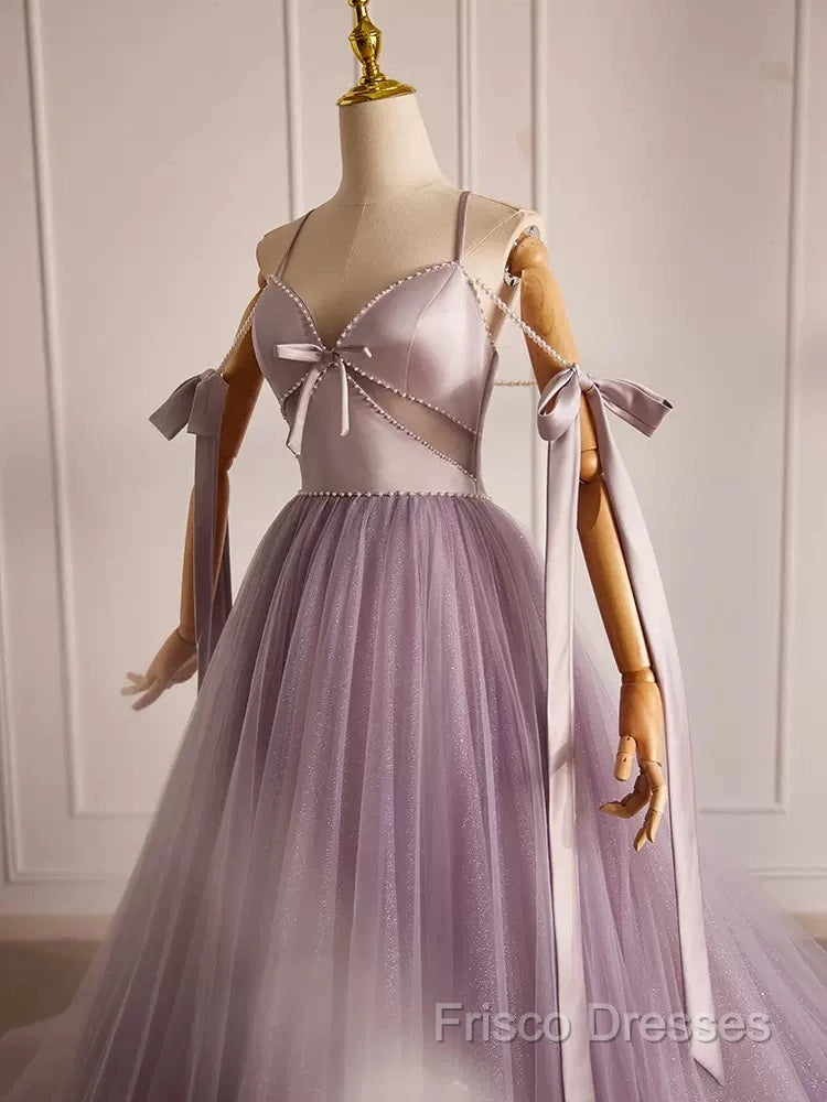 A-Line V Neck Tulle Beads Purple Long Formal Prom Dress, Purple Long Formal Dress