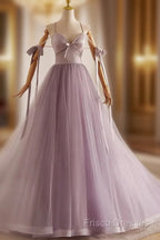 A-Line V Neck Tulle Beads Purple Long Formal Prom Dress, Purple Long Formal Dress
