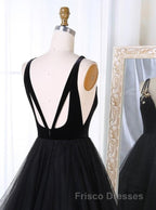 A Line V Neck Tulle Black Ball Gown, Black Formal Prom, Black Formal Prom