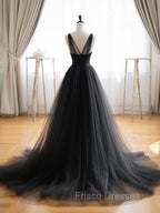 A-Line V Neck Tulle Black Long Formal Prom Dress, Black Long Formal Dress