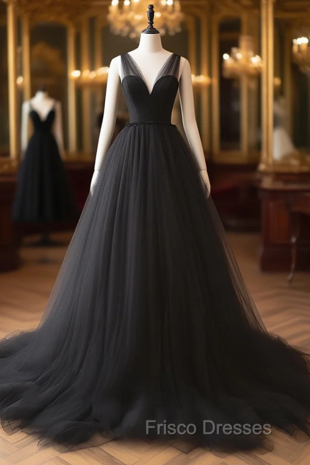 A-Line V Neck Tulle Black Long Formal Prom Dress, Black Long Formal Dress Main image