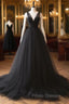 A-Line V Neck Tulle Black Long Formal Prom Dress, Black Long Formal Dress