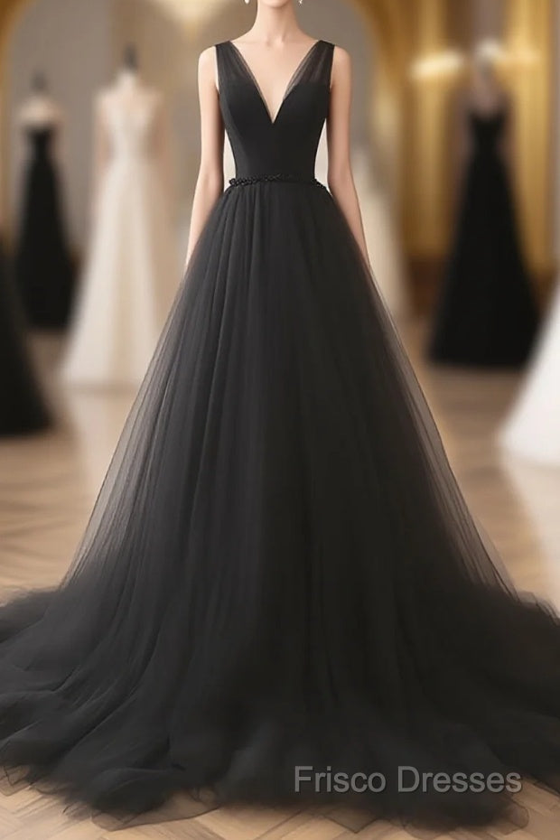 A-Line V Neck Tulle Black Long Formal Prom Dress Main image