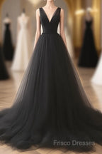 A-Line V Neck Tulle Black Long Formal Prom Dress