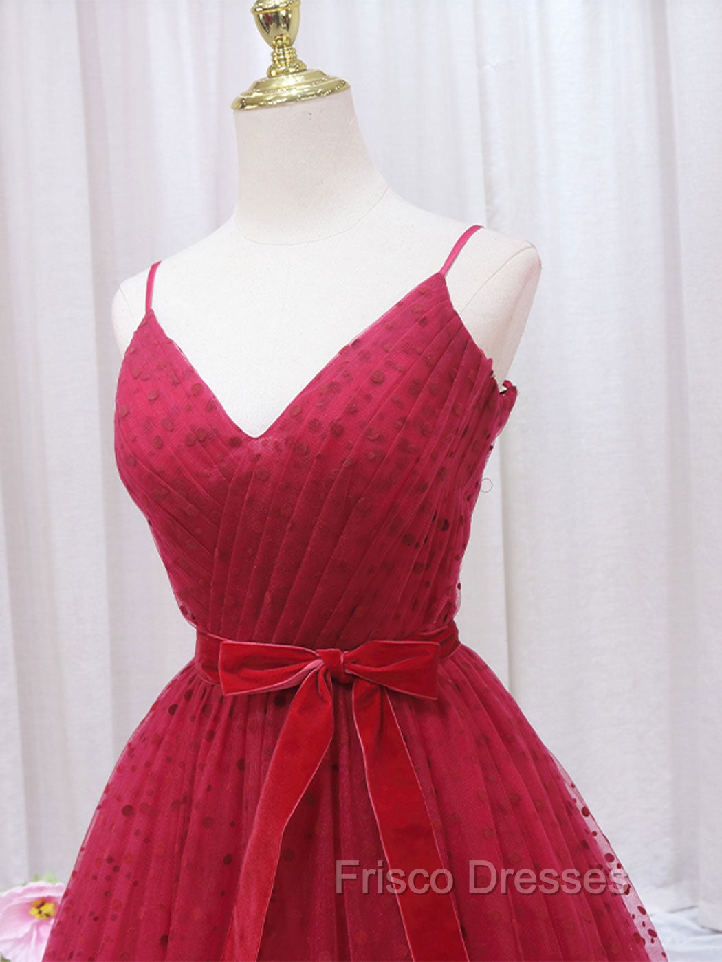 A-Line V Neck Tulle Burgundy Long Formal Prom Dress, Burgundy Formal Dress Secondary image