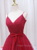 A-Line V Neck Tulle Burgundy Long Formal Prom Dress, Burgundy Formal Dress