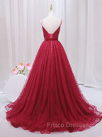 A-Line V Neck Tulle Burgundy Long Formal Prom Dress, Burgundy Formal Dress
