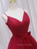 A-Line V Neck Tulle Burgundy Long Formal Prom Dress, Burgundy Formal Dress