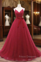 A-Line V Neck Tulle Burgundy Long Formal Prom Dress, Burgundy Formal Dress