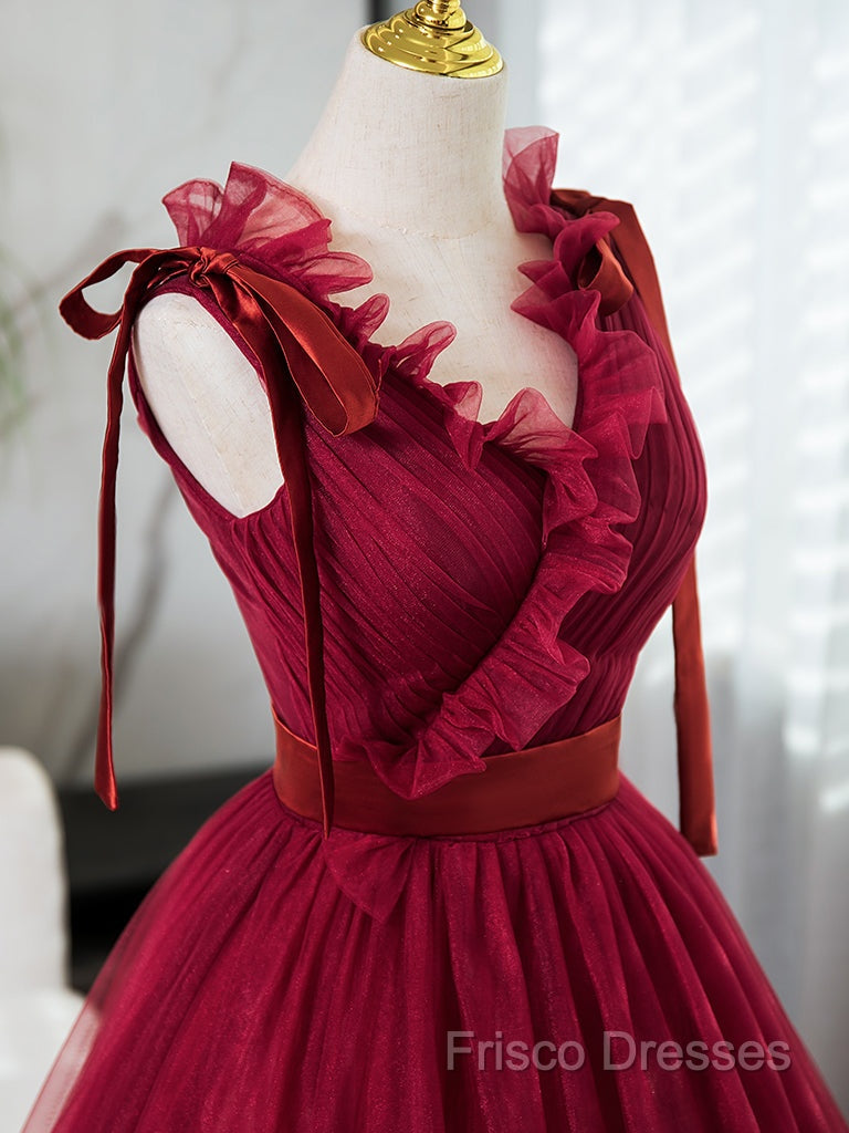 A-Line V Neck Tulle Burgundy Long Formal Prom Dress, Burgundy Long Formal Dress Secondary image