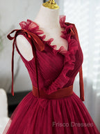 A-Line V Neck Tulle Burgundy Long Formal Prom Dress, Burgundy Long Formal Dress