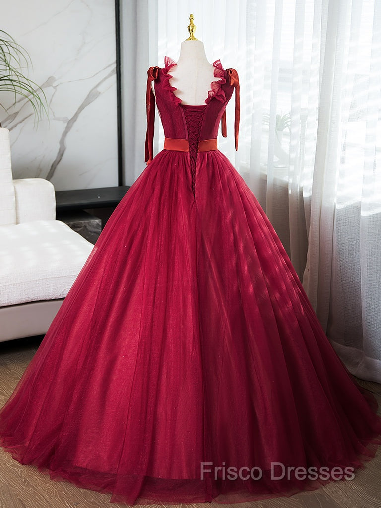 A-Line V Neck Tulle Burgundy Long Formal Prom Dress, Burgundy Long Formal Dress