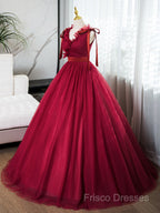 A-Line V Neck Tulle Burgundy Long Formal Prom Dress, Burgundy Long Formal Dress