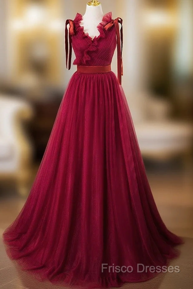A-Line V Neck Tulle Burgundy Long Formal Prom Dress, Burgundy Long Formal Dress