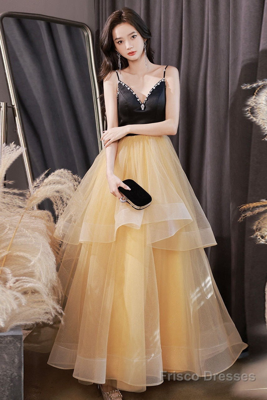 A-Line V Neck Tulle Champagne Long Prom Dress, Tulle Formal Evening Dress Main image