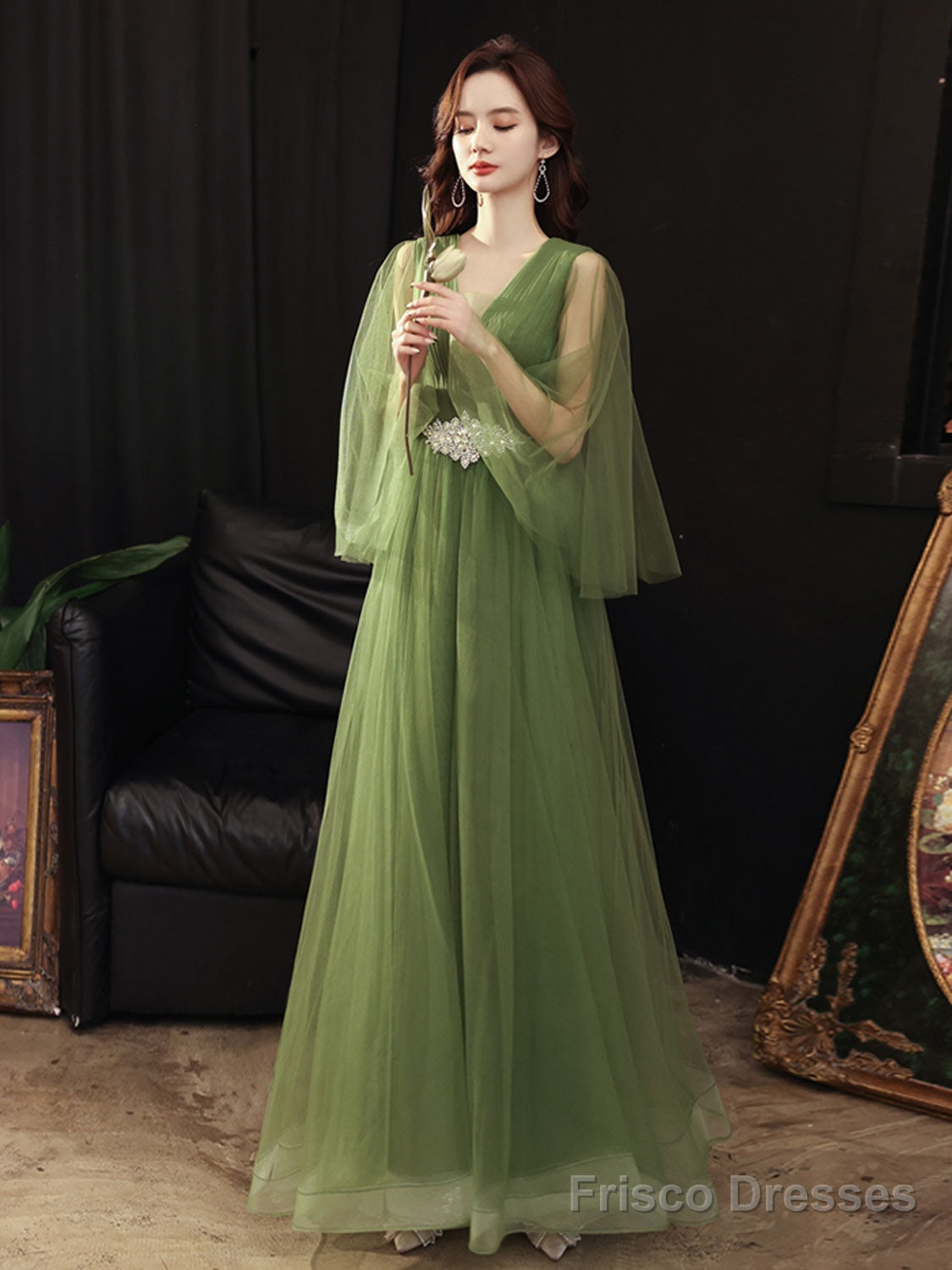A-Line V Neck Tulle Green Long Prom Dress, Green Formal Dress