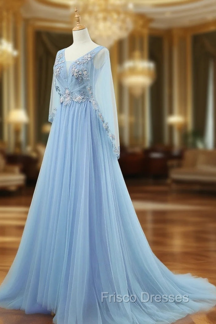 A-Line V Neck  Tulle Lace Blue Long Formal Prom Dress, Blue Formal Evening Dress