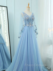 A-Line V Neck  Tulle Lace Blue Long Formal Prom Dress, Blue Formal Evening Dress