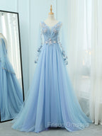 A-Line V Neck  Tulle Lace Blue Long Formal Prom Dress, Blue Formal Evening Dress