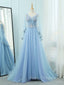 A-Line V Neck  Tulle Lace Blue Long Formal Prom Dress, Blue Formal Evening Dress