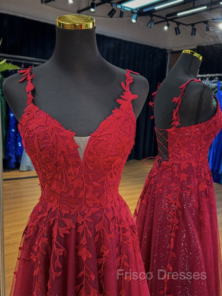 A-Line V Neck Tulle Lace Burgundy Long Formal Prom Dress, Burgundy Long Formal Dress