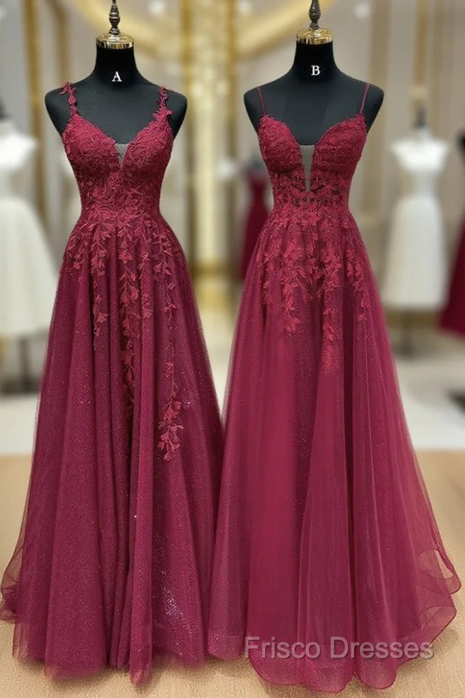 A-Line V Neck Tulle Lace Burgundy Long Formal Prom Dress, Burgundy Long Formal Dress Main image