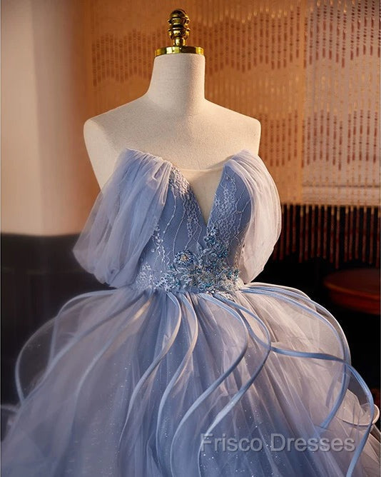 A-Line V Neck Tulle Lace Gray Blue Long Formal Prom Dress, Blue Long Sweet 16 Dress Secondary image