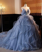 A-Line V Neck Tulle Lace Gray Blue Long Formal Prom Dress, Blue Long Sweet 16 Dress