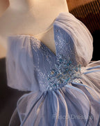 A-Line V Neck Tulle Lace Gray Blue Long Formal Prom Dress, Blue Long Sweet 16 Dress