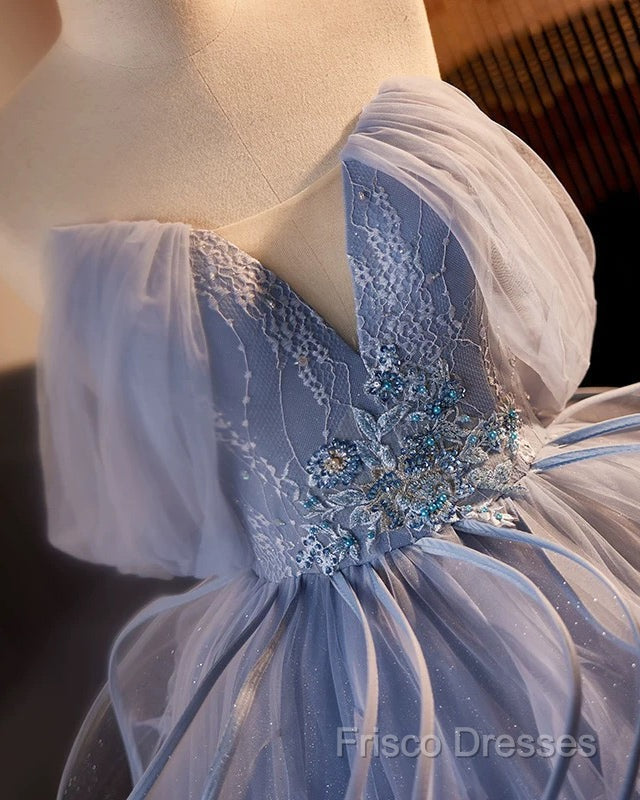 A-Line V Neck Tulle Lace Gray Blue Long Formal Prom Dress, Blue Long Sweet 16 Dress