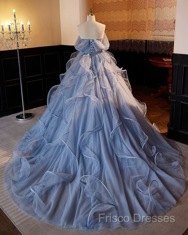 A-Line V Neck Tulle Lace Gray Blue Long Formal Prom Dress, Blue Long Sweet 16 Dress