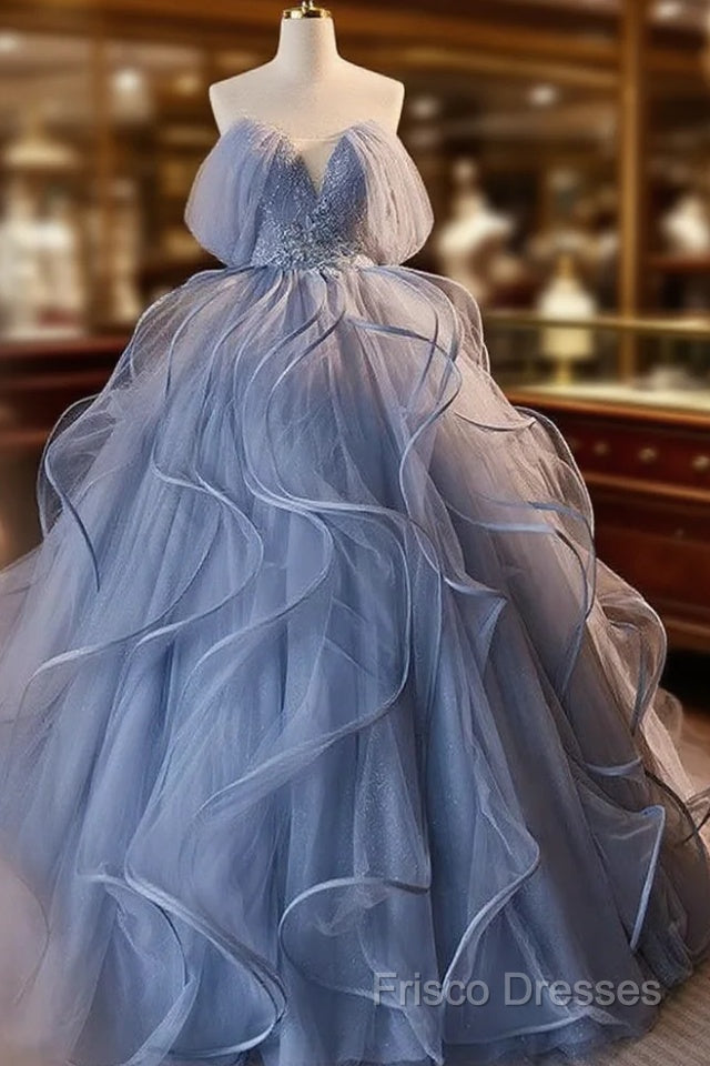 A-Line V Neck Tulle Lace Gray Blue Long Formal Prom Dress, Blue Long Sweet 16 Dress
