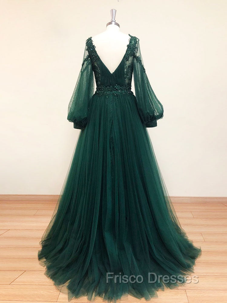 A-Line V Neck Tulle Lace Green Long Formal Prom Dress, Green Formal Evening Dress Secondary image