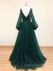 A-Line V Neck Tulle Lace Green Long Formal Prom Dress, Green Formal Evening Dress