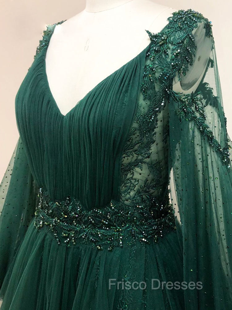 A-Line V Neck Tulle Lace Green Long Formal Prom Dress, Green Formal Evening Dress