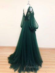 A-Line V Neck Tulle Lace Green Long Formal Prom Dress, Green Formal Evening Dress