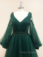 A-Line V Neck Tulle Lace Green Long Formal Prom Dress, Green Formal Evening Dress